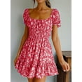 thumbnail image 2 of Summer Women Ruffle Sleeve Sqaure Neck Smocked Sun Dress Casual Boho Beach Floral Mini Dress, 2 of 6