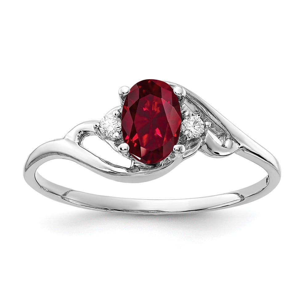 14k White Gold Ring Gemstone Womens Diamond 0.034 ct 0.6 6x4mm Oval Created Ruby AA