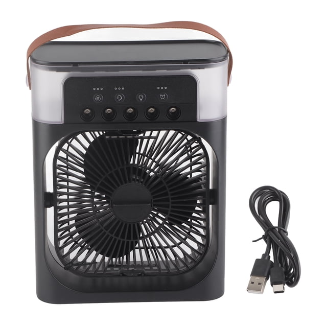 Enfriador de aire evaporativo personal con tanque de agua de 600 ml, USB, luz de 7 colores, 3 velocidades, humidificador para dormitorio, color negro