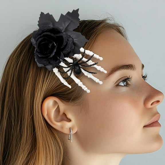 XIA0LE Halloween Hair Clip - Black Rose Bones Claw Side Hair Clip - Horror Skull Ghost Hand Hair Clip
