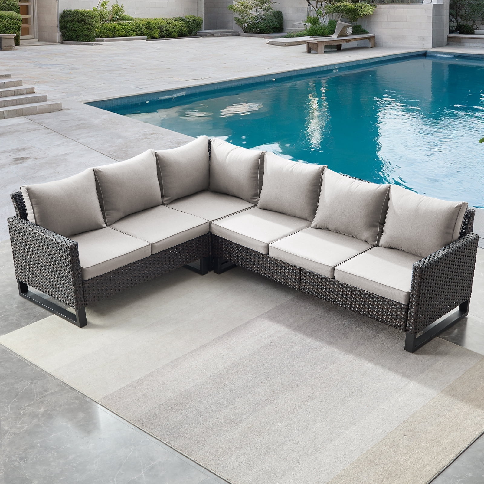 POCASSY Outdoor Furniture Set with Outdoor Sectional Sofa, 102 Inch Width Patio L Shape Sectional Sofa Brown Wicker Rattan Couch for Porch Deck Backyard, Brown/Beige