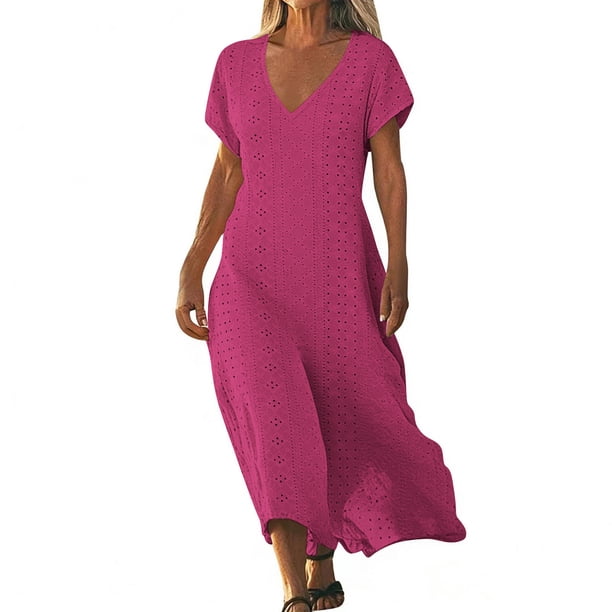 Mujeres Vestido Casual Manga Corta Cuello en V con Detalle de Cierre para el Uso en el Hogar, Cómoda Mezcla de Poliéster Spandex Señoras Vestir Ropa