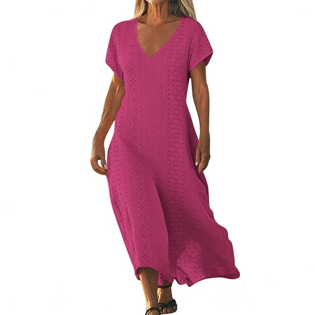 Mujeres Vestido Casual Manga Corta Cuello en V con Detalle de Cierre para el Uso en el Hogar, Cómoda Mezcla de Poliéster Spandex Señoras Vestir Ropa