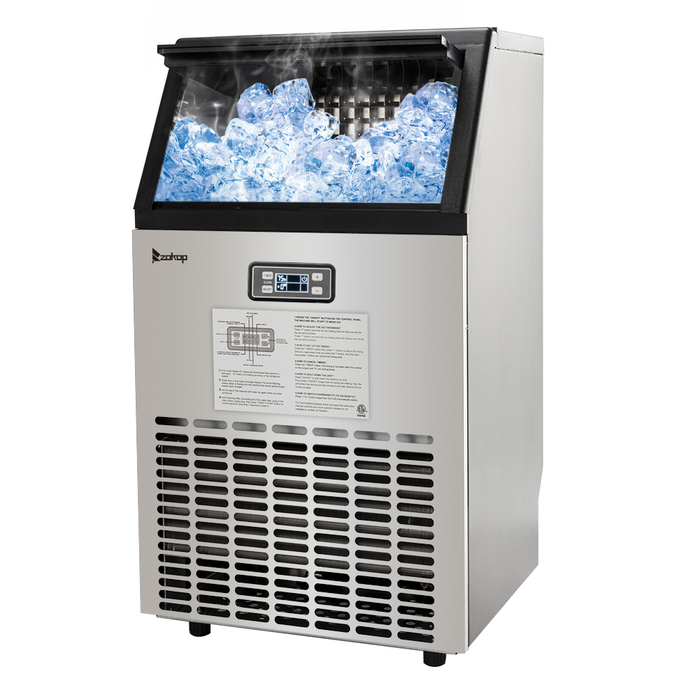Commercial Ice Maker Stainless Steel 300W Ice Cube Maker Machine 2,304 Cubes Per Day Ice Making Machine Home Supermarkets Bars Restaurants Cafes Kitchen Free Ice Scoop and Free Ice Crusher 