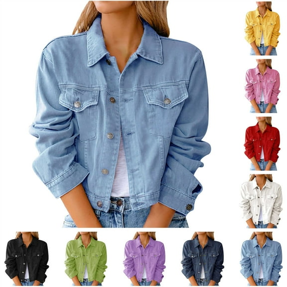 QATAINLAV Gifts for Mom! Women's Cropped Jean Jacket Long Sleeve Casual Button Down Denim Jackets Cute Fall Fashion Coat Outwear Red M