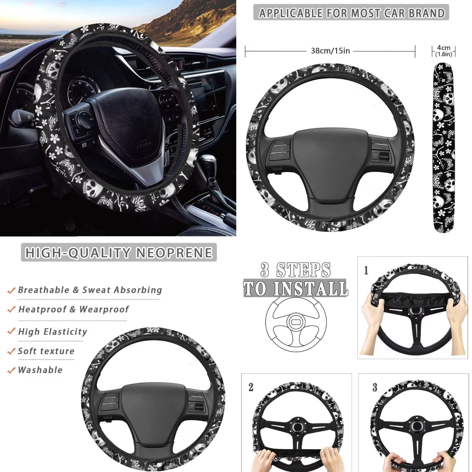FKELYI Vintage Floral Skull Print Auto Seat Covers Full Set with Steering Wheel Cover Shoulder Seatbelt Pad Armrest Pad Cup Coasters Head Rest Protector Gear Shift Knob Sleeve for Most Sedan