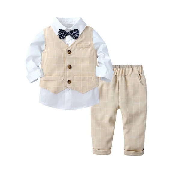 Eandarui Baby Boys Toddler Party Suit Long Sleeve Bowtie Lapel Dress Shirt Pant Vest Formal Outfit Beige 70