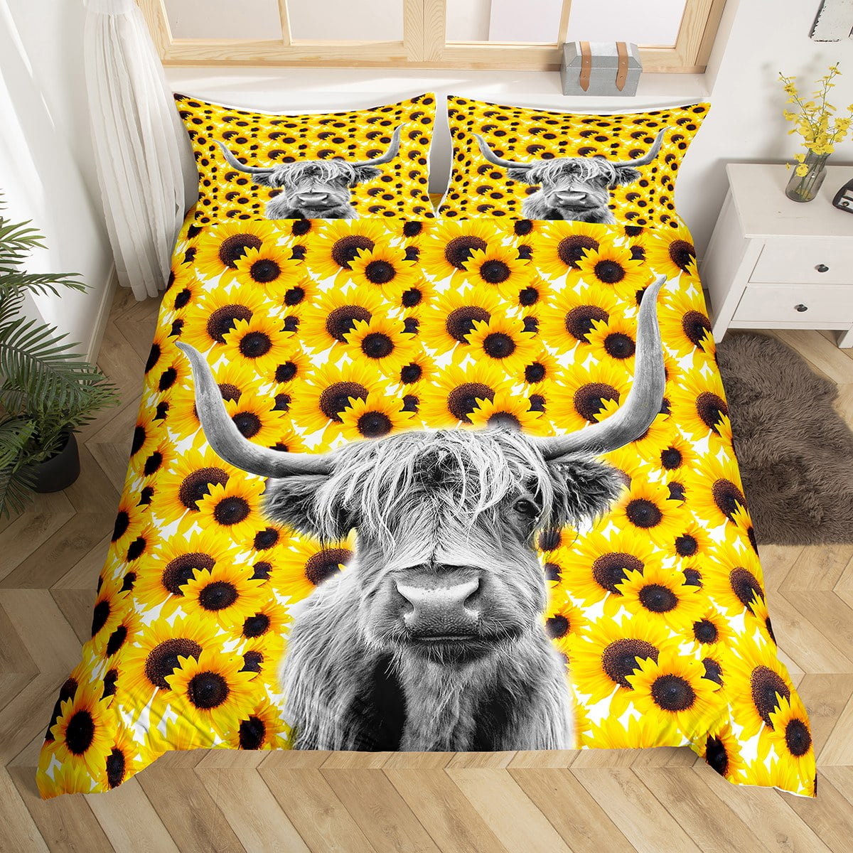 Highland Cattle Duvet Cover Queen Sunflower Floral Highland Cow Bedding