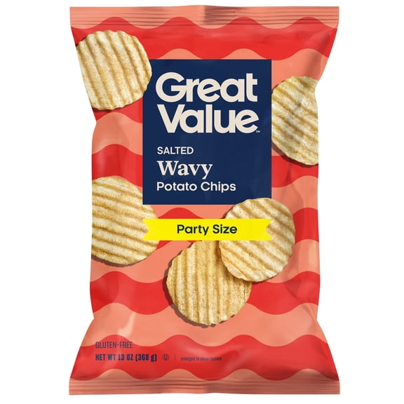 Great Value Original Salted Wavy Potato Chips Party Size, 13 oz Bag