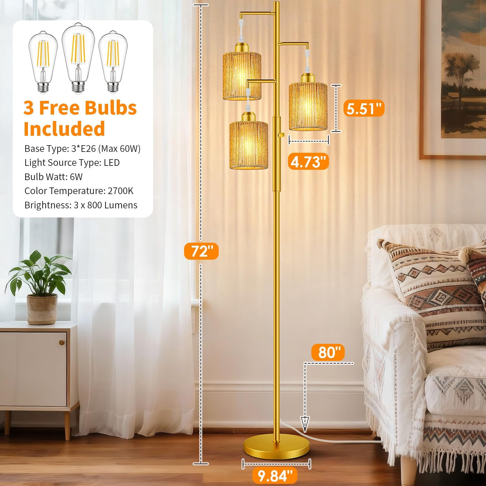 72" Tall Boho Rattan Style Floor Lamp With Hand-woven Paper Cord Shade  Dimmable Industrial Tree Standing For Living Room Bedroom Study Office (3 X 800lm Bulbs Included) -