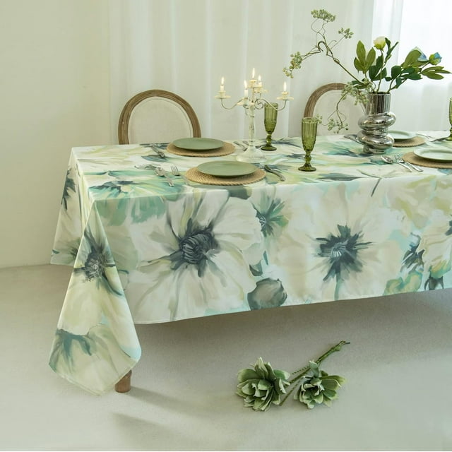 Nappe Rectangulaire Résistante à l'Eau en Polyester 100 % White Poppy, 60x84 Pouces - Housse de Table Florale d'Été