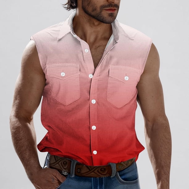 Camiseta sin mangas con cuello vuelto para hombre, estilo informal, a la moda, con estampado degradado, cuello vuelto, sin mangas, bolsillos, deportiva, de poliéster