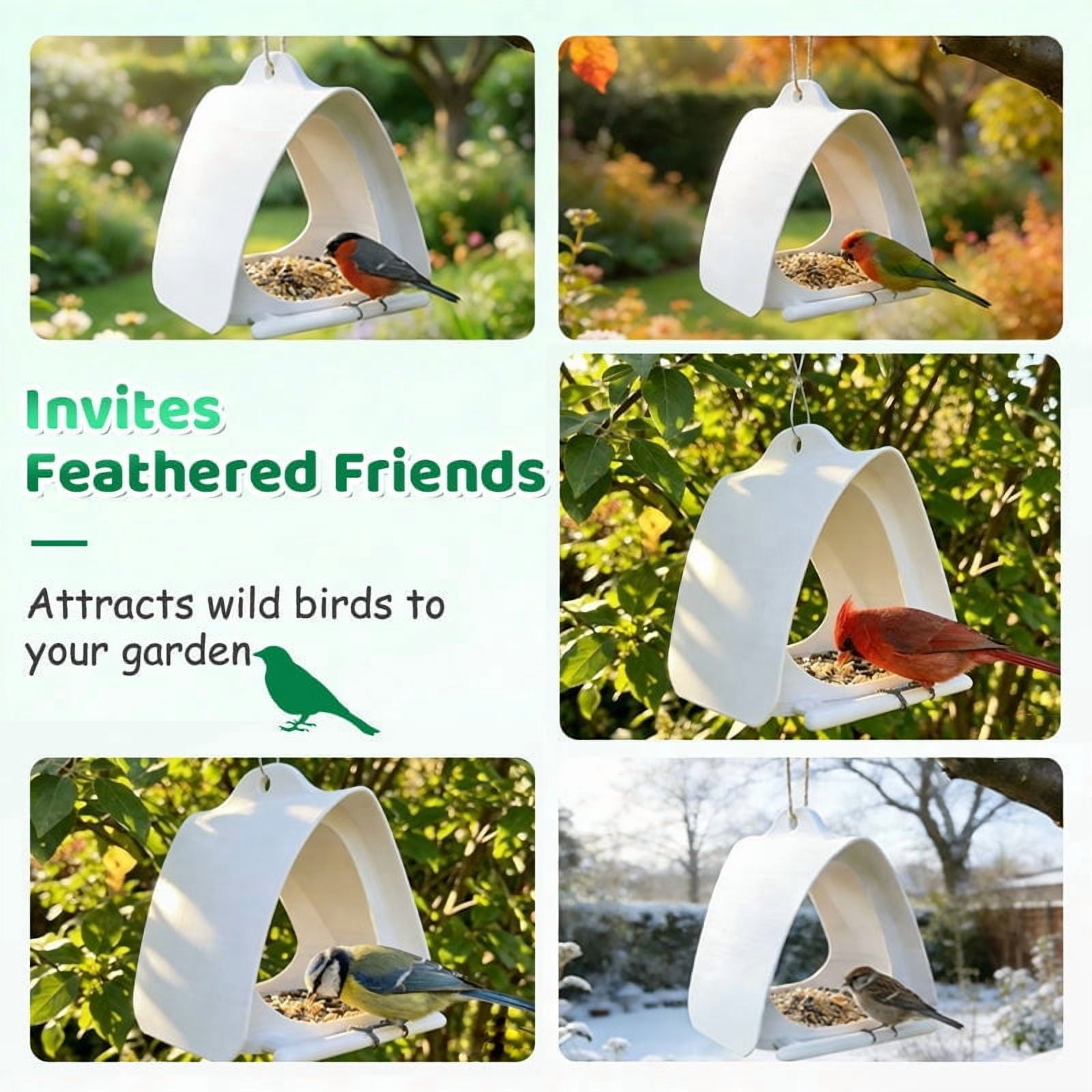Camnix Platform Bird Feeder for Outdoors Hanging with Weatherproof Dome, Squirrel-Resistant Metal Tray, 2 Lbs Seed Capacity, 180° Multi-Bird Feeding, White