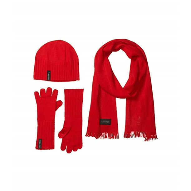 Calvin Klein Three-Piece Set Hat, Scarf and Touch Glove, Red 