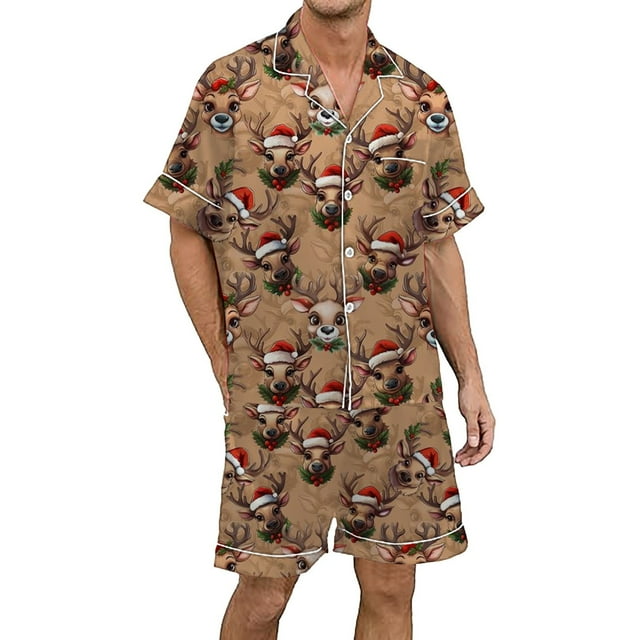 Pyjama pour Hommes de Noël Multicolore Imprimé Pantalon de Pyjama pour Hommes en Soie Satinée Ensemble de Pyjama à Manches Courtes pour Hommes Ensemble de Pyjama à Boutons