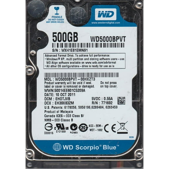 WD5000BPVT-00HXZT3, DCM EHOTJVB, Western Digital 500GB SATA 2.5 Hard Drive