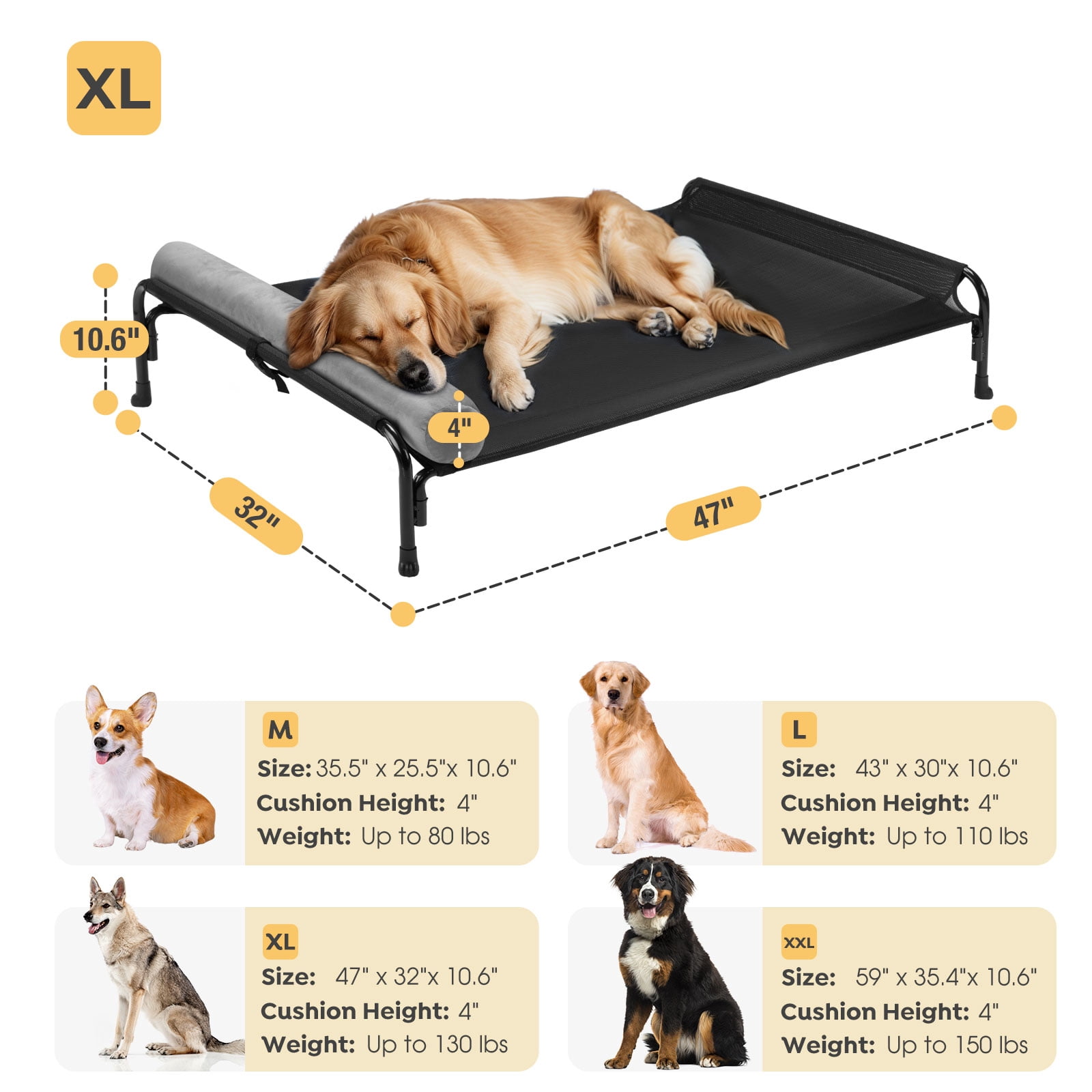 Veehoo Cooling Elevated Dog Bed, Pet Cot with One-Sided Removable Headrest Bolster, X-Large, Black