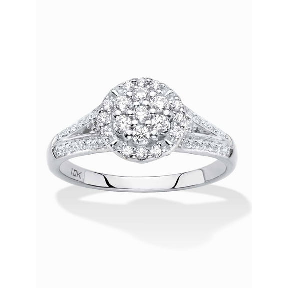 PalmBeach Jewelry Diamond Engagement Wedding Ring in Solid 10k White Gold 1/2 TCW Round Halo with Split Shank