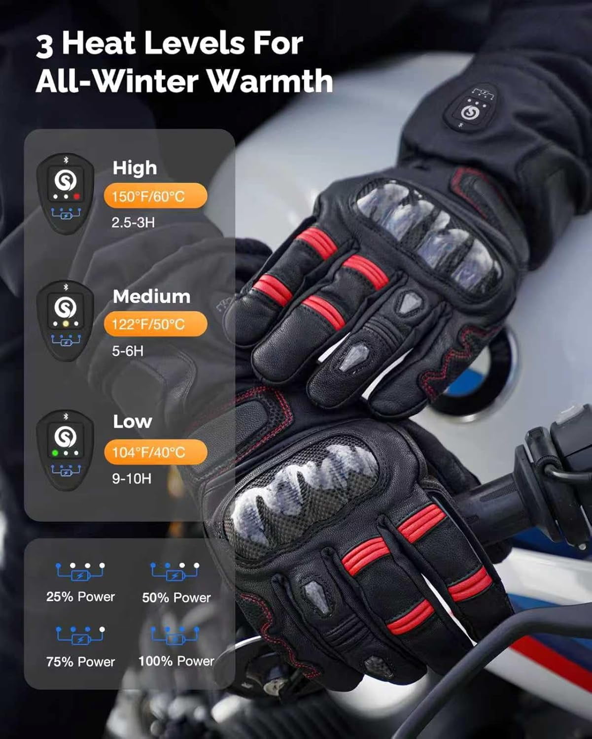 SAVIOR HEAT 2025 Upgraded Bluetooth Heated Motorcycle Gloves for Men - Goatskin Leather, 7.4V 3000mAh Rechargeable Battery, Waterproof/Windproof, 3-Speed Heating with Smart Temp Control
