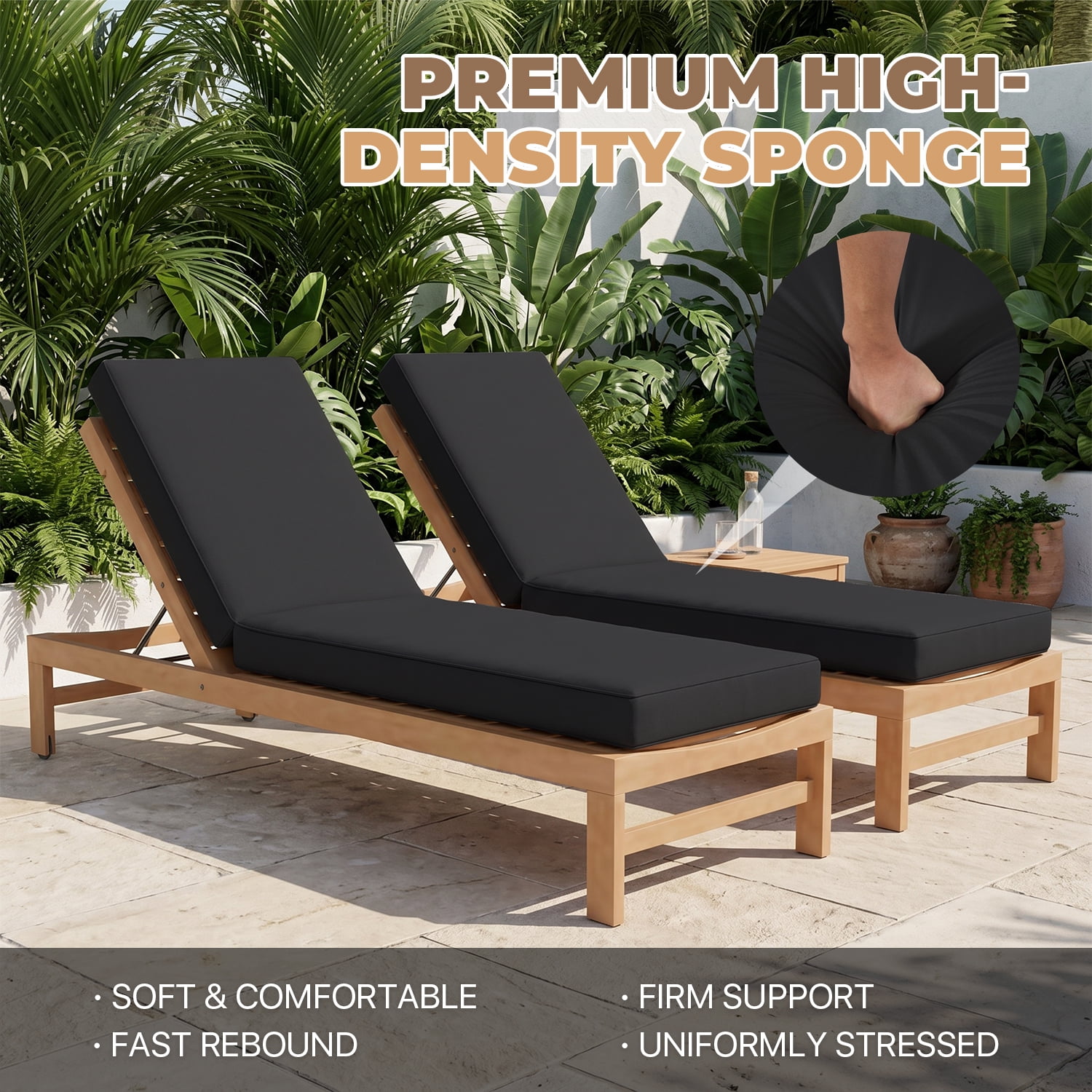 BaPiPro Black 2-Pack Outdoor Chaise Lounge Cushions, Waterproof Patio Lounge Chair Pad with High-Density Foam, Removable Cover & Secure Ties for Poolside, Garden & Patio