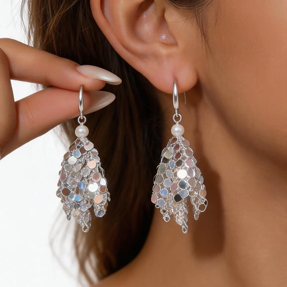 AEXTO Silver Plated Layered Sequin Mesh Tassel Dangle Earrings, Top Round Imitation Pearl Accent Lightweight Statement Earrings for Daily Wear Evening Occasions