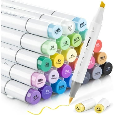 Ohuhu 24 Basic Colors Alcohol Markers Brush & Chisel Double Tipped w/ 1 Blender for Beginners