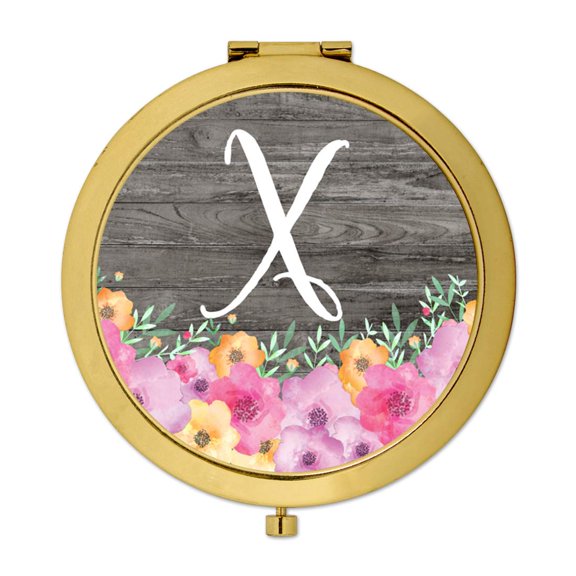 Koyal Wholesale Gold Compact Mirror Bridesmaid's Wedding Gift, Pink Floral Flowers on Rustic Gray Wood, Monogram X, 1-Pk