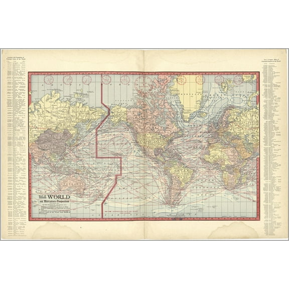 24"x36" Gallery Poster, Map of World on Mercator Projection 1914