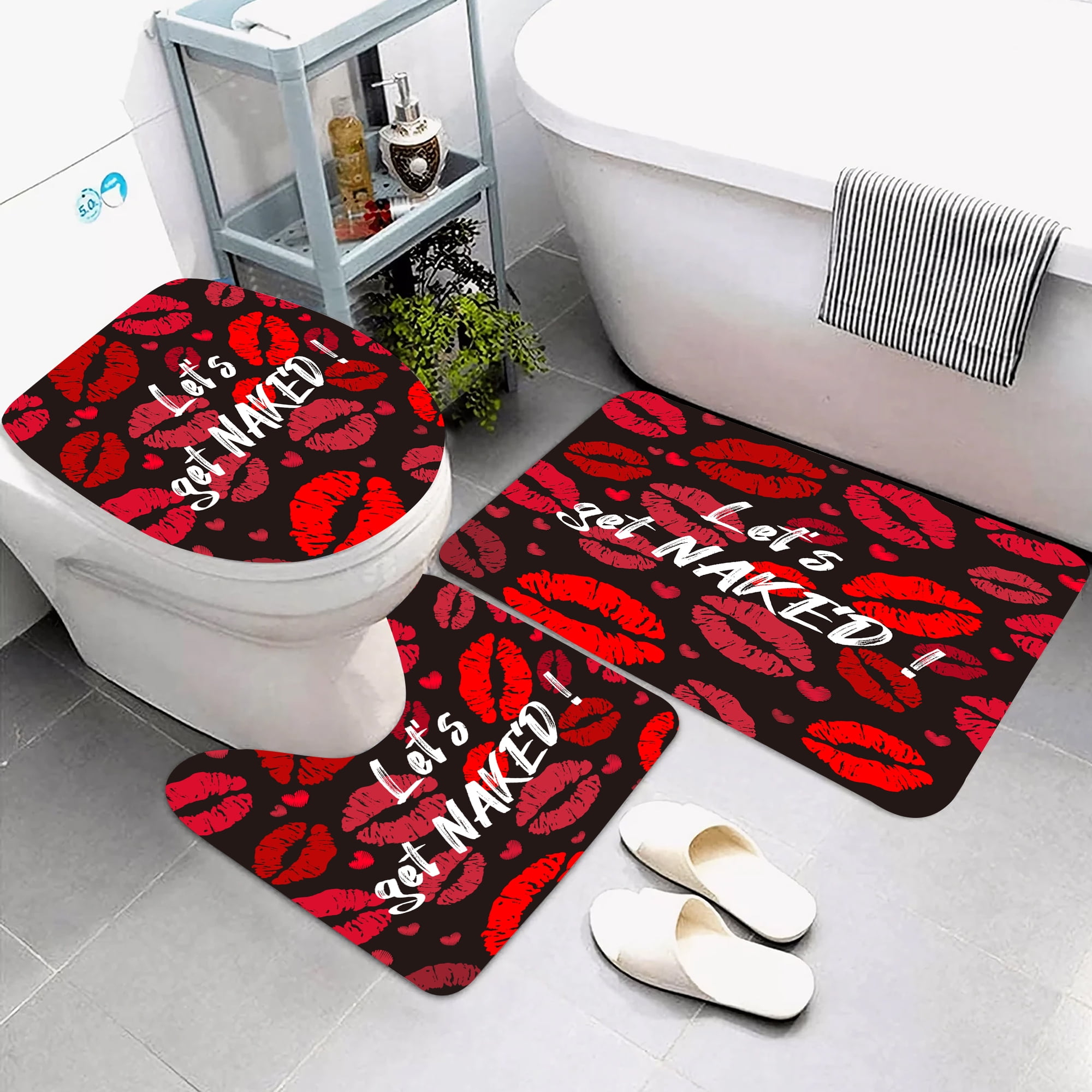 Planially 4 Pcs Shower Curtain Set with Rugs Toilet Lid Cover Mat Red Lips Bathroom Sets