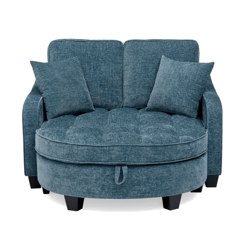 Double Sofa Chaise Lounge with 2 Pillows and Irregular Armrests, 2-Seater Sofa with Storage Ottoman, Convertible Sleeper Sofa Bed for Living Room Bedroom