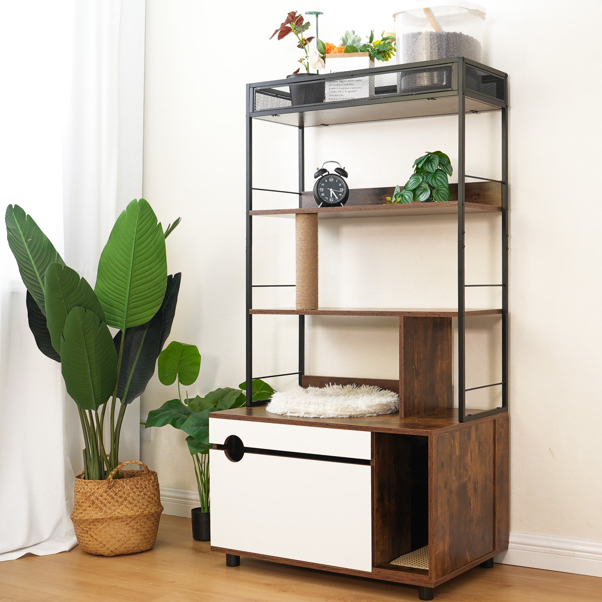 Pefilos 59" Cat Litter Box Enclosure Furniture with Shelves, Hidden Litter Box with Scratching Posts, litter box furniture ,Wooden Cat Tree Tower, Brown Pefilos 59" Cat Litter Box Enclosure Furniture with Shelves, Hidden Litter Box with Scratching Posts, litter box furniture ,Wooden Cat Tree Tower, Brown