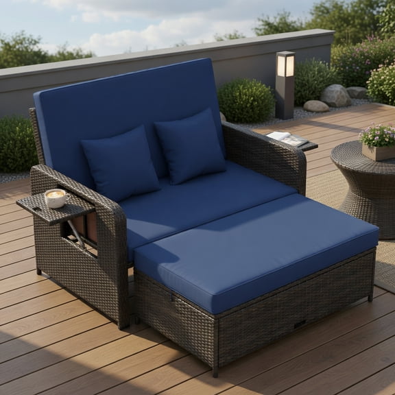 Topcobe Patio Rattan Daybed with 4-Level Adjustable Backrest and Retractable Side Tray, Outdoor Patio Furniture for Garden Backyard-Navy
