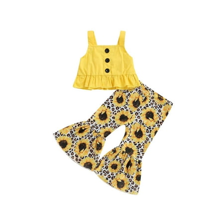 

Nokpsedcb Girl Streetwear 2PCS Suit Baby Toddler Kid Sleeveless Ruffle Hem Sling Top Sunflower Print Flared Pants Yellow 3-4 Years