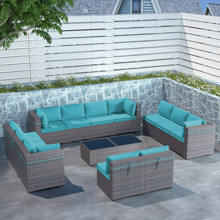 Gotland 14 Piece Outdoor Patio Set PE Rattan Wicker Cushions Glass Table Blue Walmart