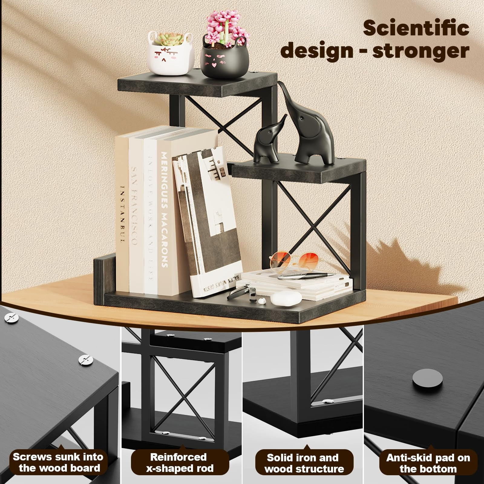 3-Tier Wood Desk Shelf Organizer Riser, 12.6 Inch Compact Desktop Hutch Storage Display Stand Set