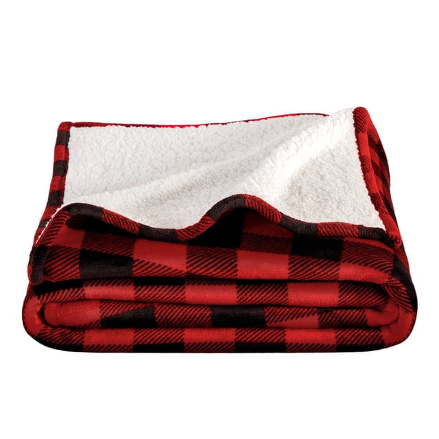 Bare Home Manta de Cama de Felpa Sherpa Mullida y Suave, Reversible, Liviana, Tamaño Matrimonial/queen, Cuadros Escoceses, Rojo/negro