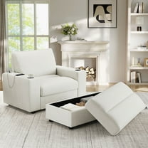 Lunale 42.8" Accent Chair with Ottoman, Indoor Chaise Lounge Chair with USB & Storage, Plush Reading Sofa Armchair for Living Room, Bedroom, Apt, White Corduroy