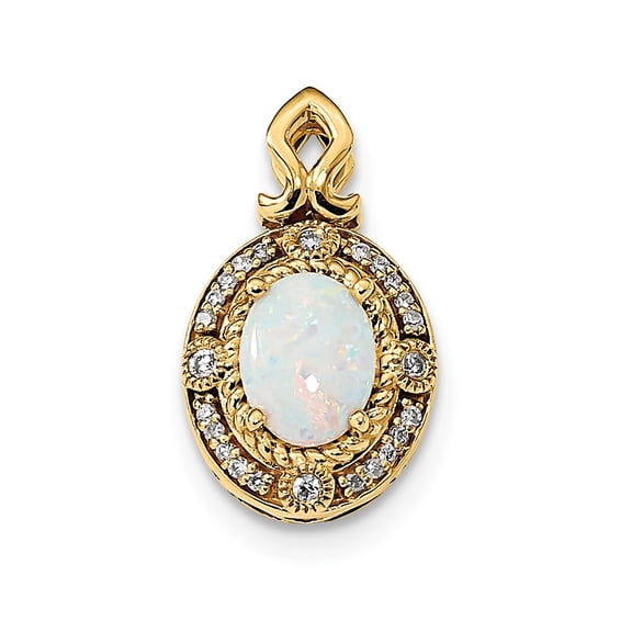 Real 14kt Yellow Gold Austrian Opal and Diamond Pendant; for Adults and Teens; for Women and Men