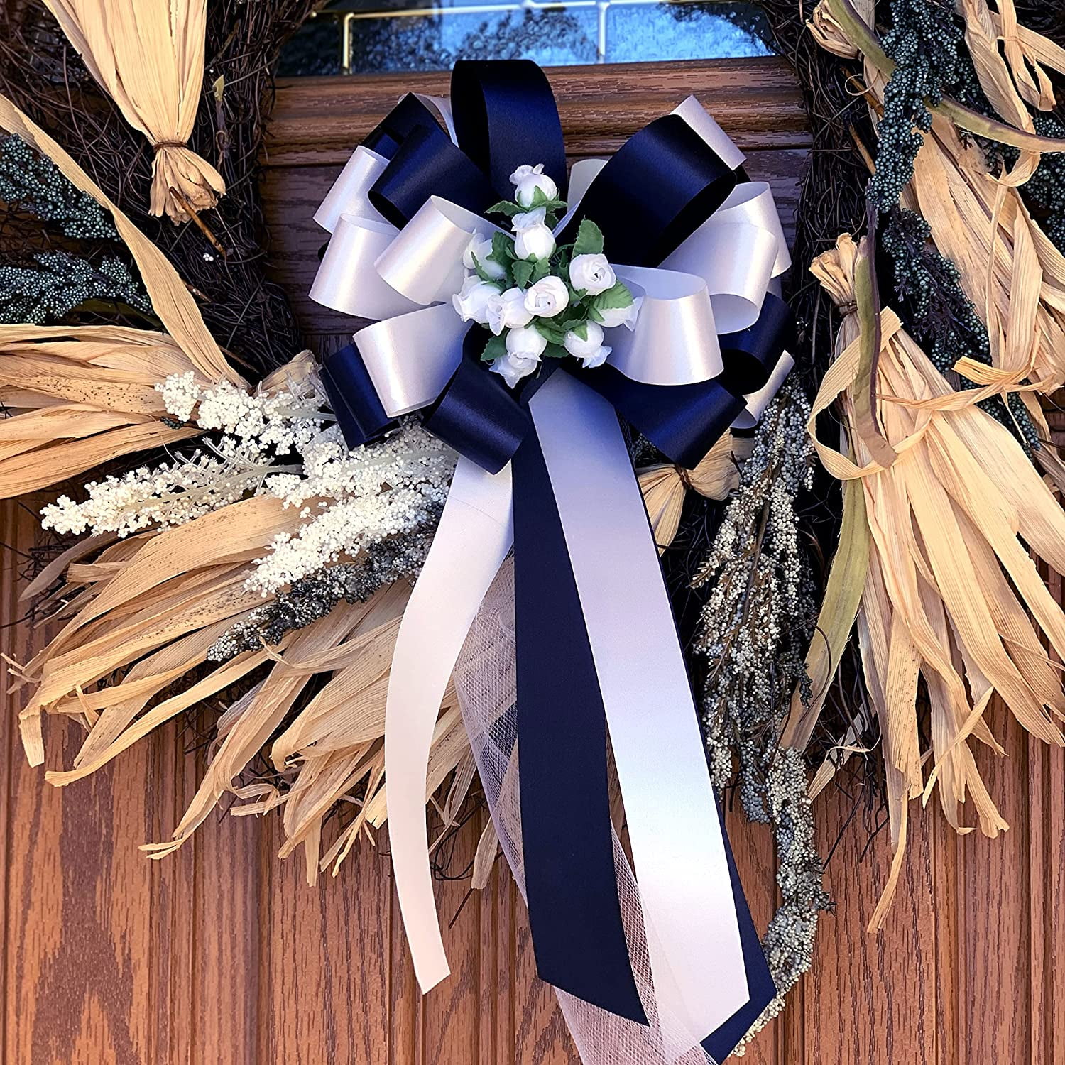 Navy Blue and White Wedding Pull Bows with Tulle Tails and Rosebuds - 8" Wide, Set of 6, Wedding Pew Bows, Aisle Decoration. Reception, Anniversary