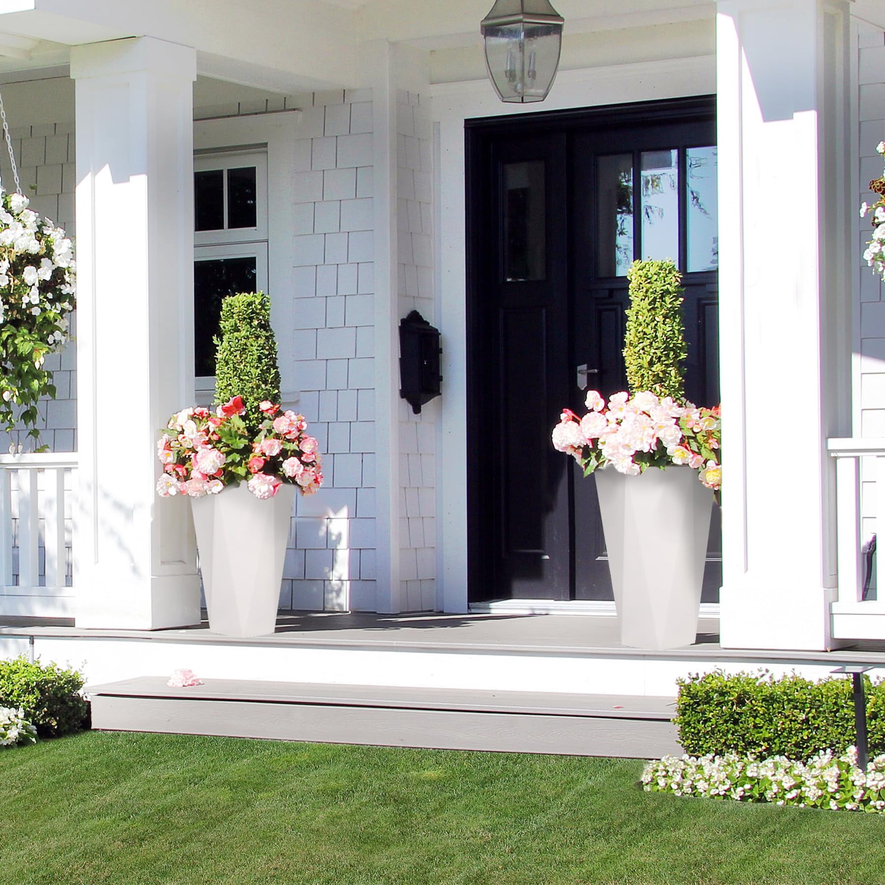 22.5 Inch Tall Planters Set of 2, Large Flower Pot Outdoor and Indoor, with 2 Trays and a Water Level Monitor and Wheels for Patio, Porch, Living Room, or Home Office