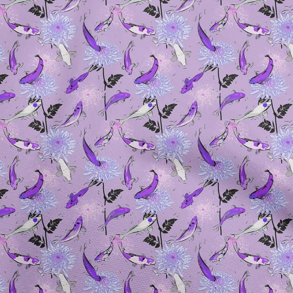 oneOonePolyesterSpandexDustyPurpleFabricAsianJapaneseKoiFishWithFloralDressMaterialFabricPrintFabricByTheYard56InchWide