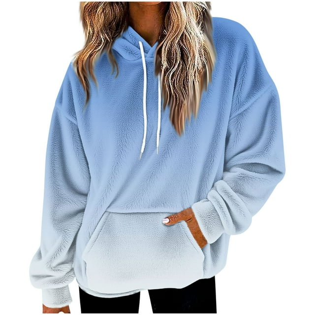 Hauts Décontractés pour Femmes, Sweat à Capuche Décontracté à Manches Longues et Épaules Tombantes en Peluche Dégradée, Coupe Régulière, avec Poches