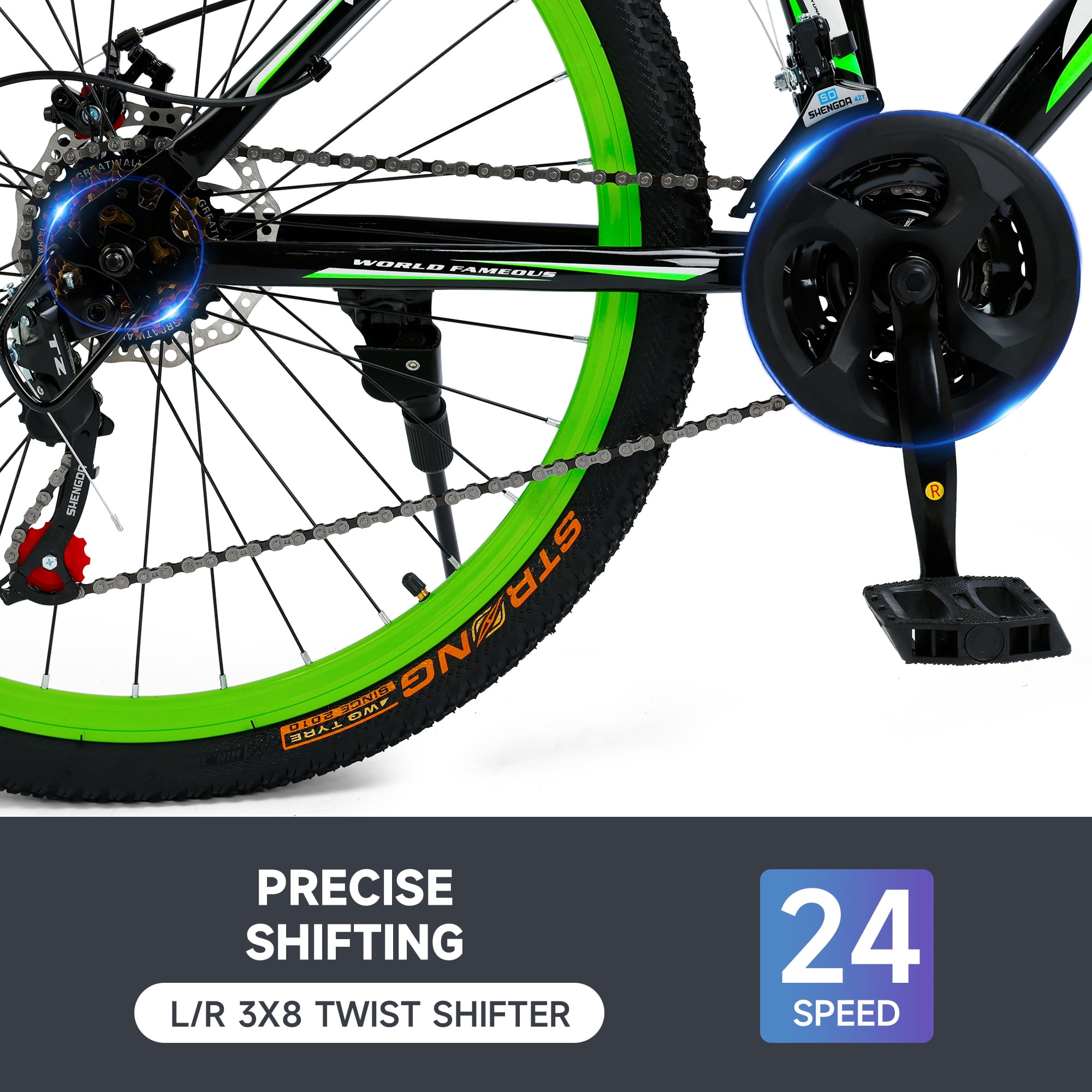 26" Mountain Bike for Men/Women, 24 Speed Shimano Twist Shifting, Front Suspension, Comfort Saddle Red/White/Blue/Green