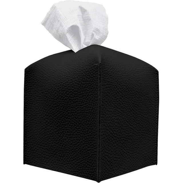 Tissue box cover, square holder in modern PU leather - Bathroom vanity tops, nightstands, desks and cars 12.7 cm X 12.7 cm black
