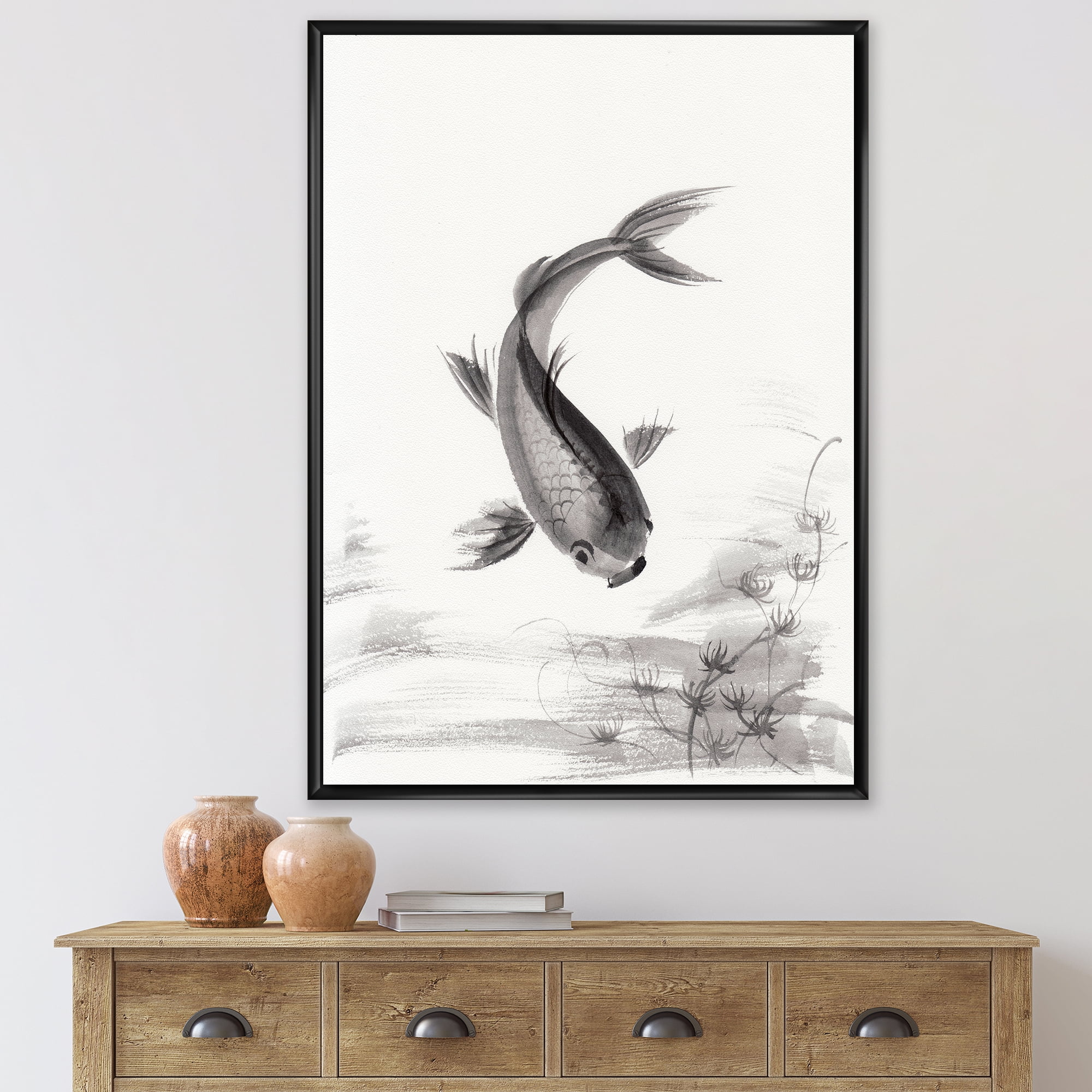 Designart 'Black and White Vintage Fish I' Nautical & Coastal Framed Canvas Wall Art Print