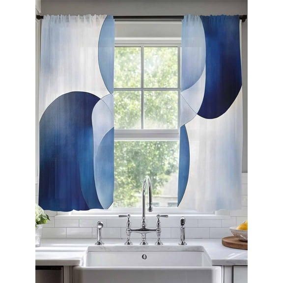 Abstract Stitching Sheer Curtains 63 Inches Long 2 Panels White Blue Gradient Curve Light Filtering Semi Sheer Window Curtains Drapes for Bedroom Living Room 52"x63"
