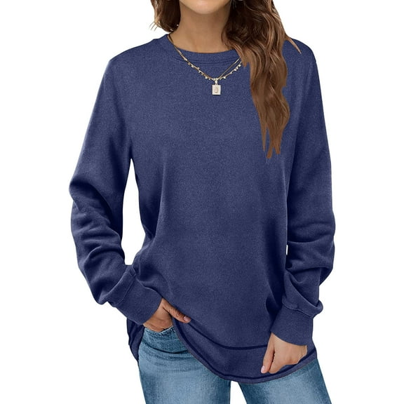 Zunfeo Casual Tops for Women Loose Fit Comfy Crewneck Fall T Shirts Long Sleeve Solid Tunic Tops Clearance- Navy 2XL