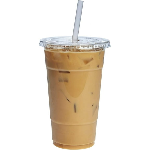 Clear Plastic Cups with Flat Lids [24 oz 100 Count] Disposable Iced Coffee PET Cold for Smoothies Juices & To Go Drinks Formerly Comfy Package