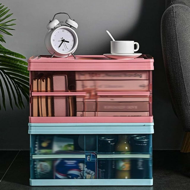 Car Trunk Storage Box Large Capacity Foldable Case Groceries Clothes Collapsible PP Transparent Organizer Tidying Cargo Case Sundries Closet with Lid Handle 55L Blue