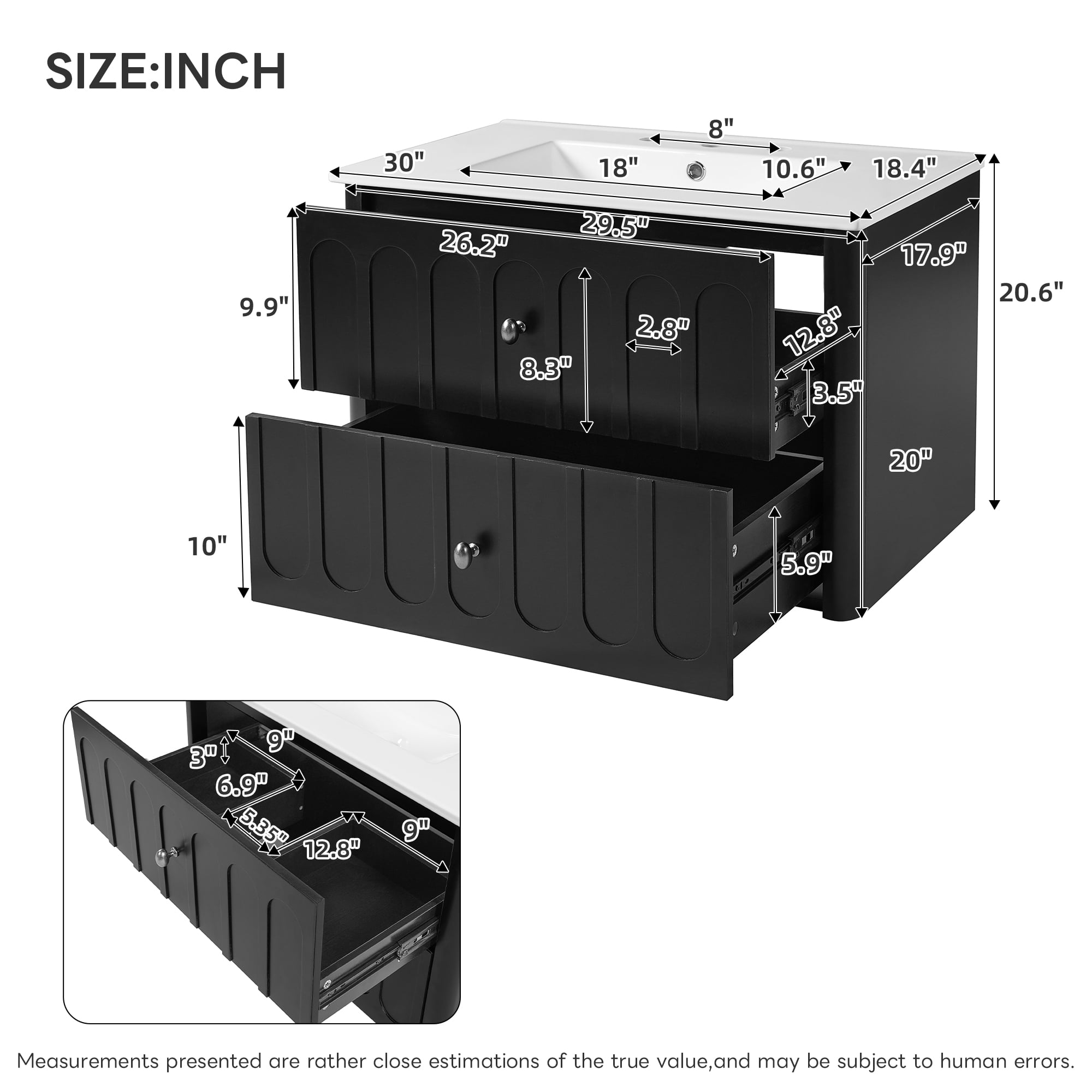 30" Modern Floating Bathroom Vanity with Oval Knobs & Round Edge, Soft-Close Drawer Slides, Bathroom Cabinet with Ceramic Sink